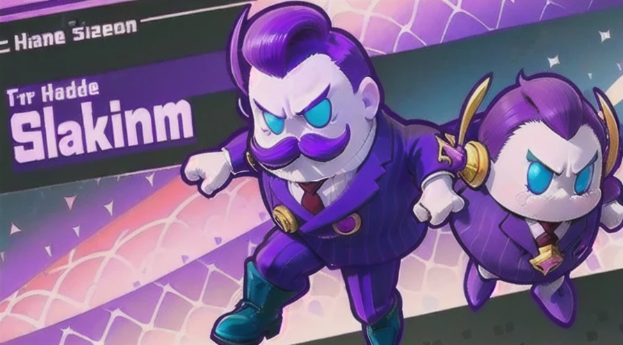 haltmann, purple hair, purple mustache, arms, wearing a dark blue suit with pink vertical lining, pink shirt, red tie, black shoes, gold suit button with a red diamond, pale purple gloves, pink cuffs, pale purple skin, blue eyes, golden earpiece with antenna,(comics), the title is "haltmann" on the left.