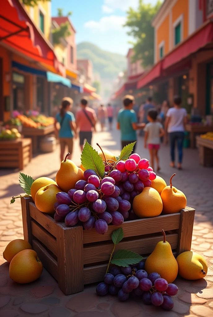 Huacal (box) of grapes, and pears, in a market