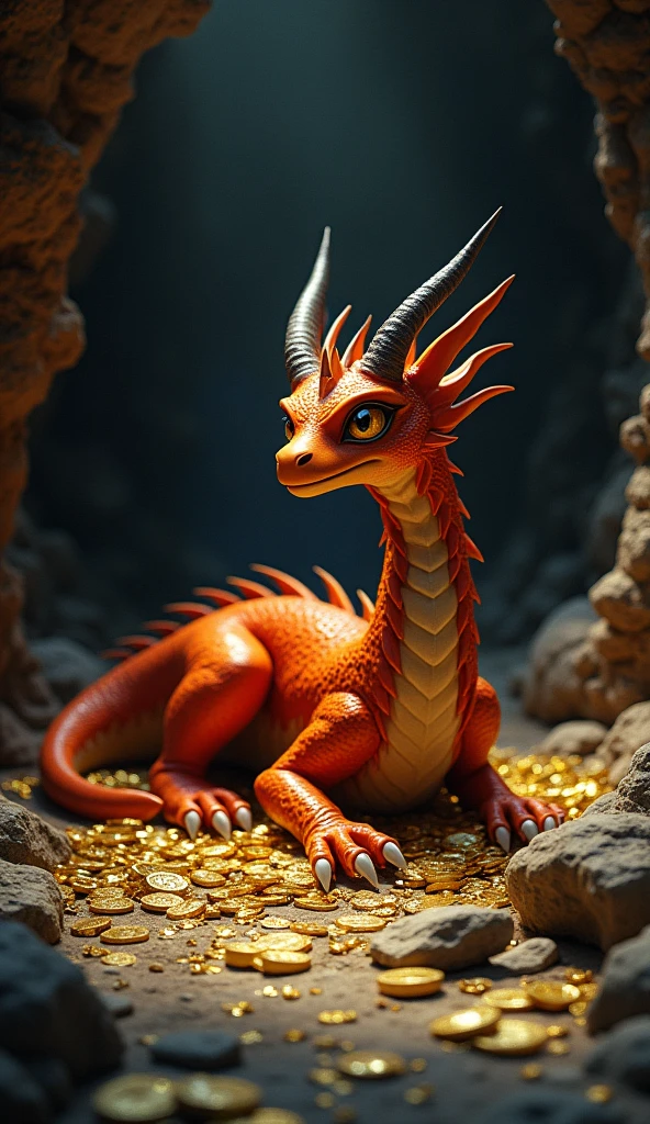 female dragoness anthro. Reddish orange scales. amber eyes. four dark horns in head. female shaped curvy scaly body, female anthro face. resting in a dark cave, below her body there is a gold treasure. concept art style. Concept art. Realistic anatomy and shadows. wide scene with her in the center of the frame.