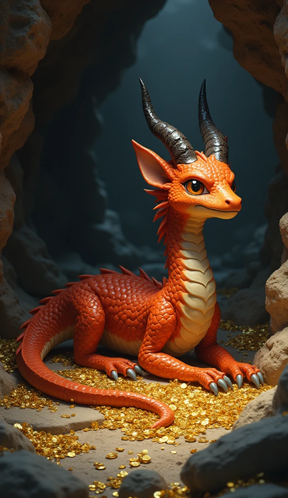 female dragoness anthro. Reddish orange scales. amber eyes. four dark horns in head. female shaped curvy scaly body, female anthro face. resting in a dark cave, below her body there is a gold treasure. concept art style. Concept art. Realistic anatomy and shadows. wide scene with her in the center of the frame.