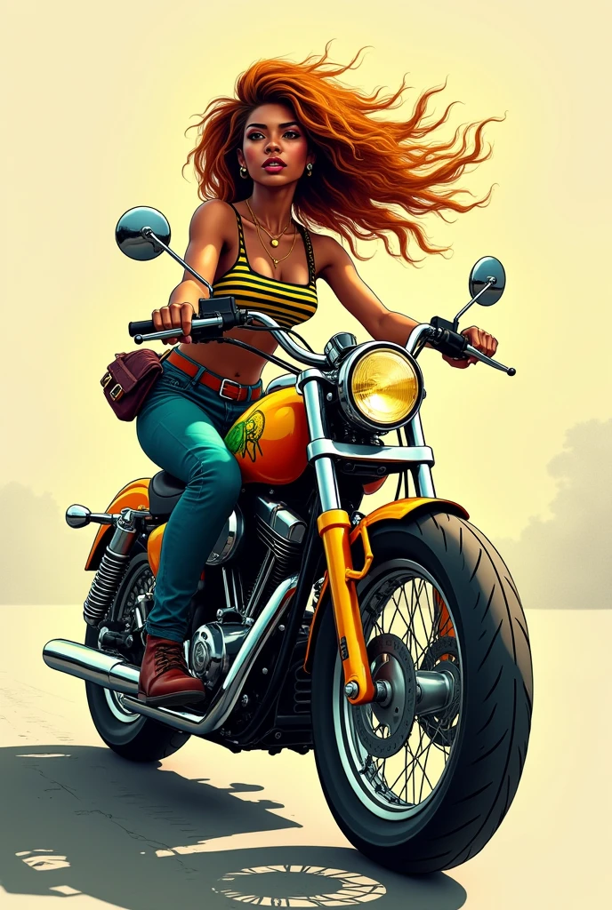 Woman biker yellow red green and black rasta drawing in full body side position with rasta colored motorcycle
