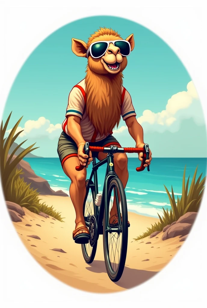 create a circle-shaped brand and inside it have an image of a camel wearing sunglasses and pedaling an old bicycle down a dirt road surrounded by beach sand and in the background the blue sea the camel is dressed as a professional cyclist the camel is excited making a happy face the sun reflects on the glasses