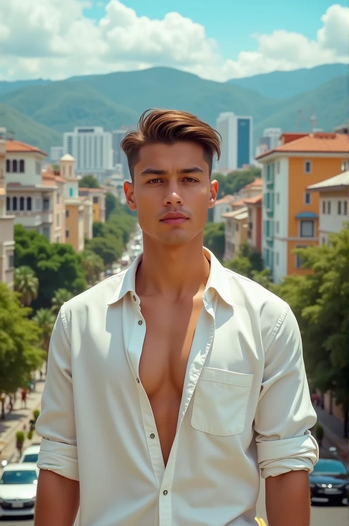 A light-haired Latino man with a thin build takes, white open shirt, in the background a Colombian city