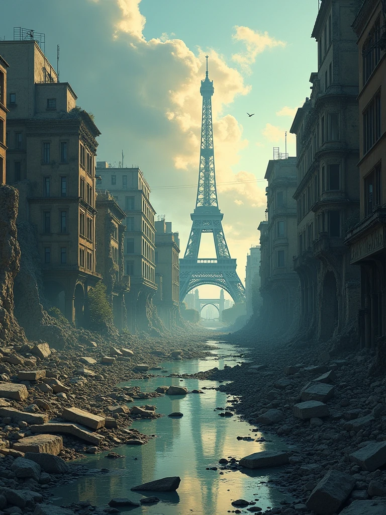Old City, destruction of the city, rios, realistic illustration , visual mirage of the city of Paris