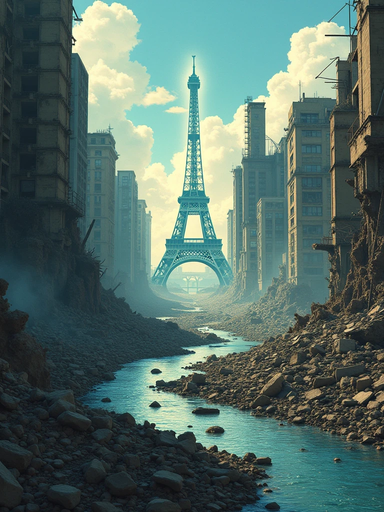 Old City, destruction of the city, rios, realistic illustration , visual mirage of the city of Paris