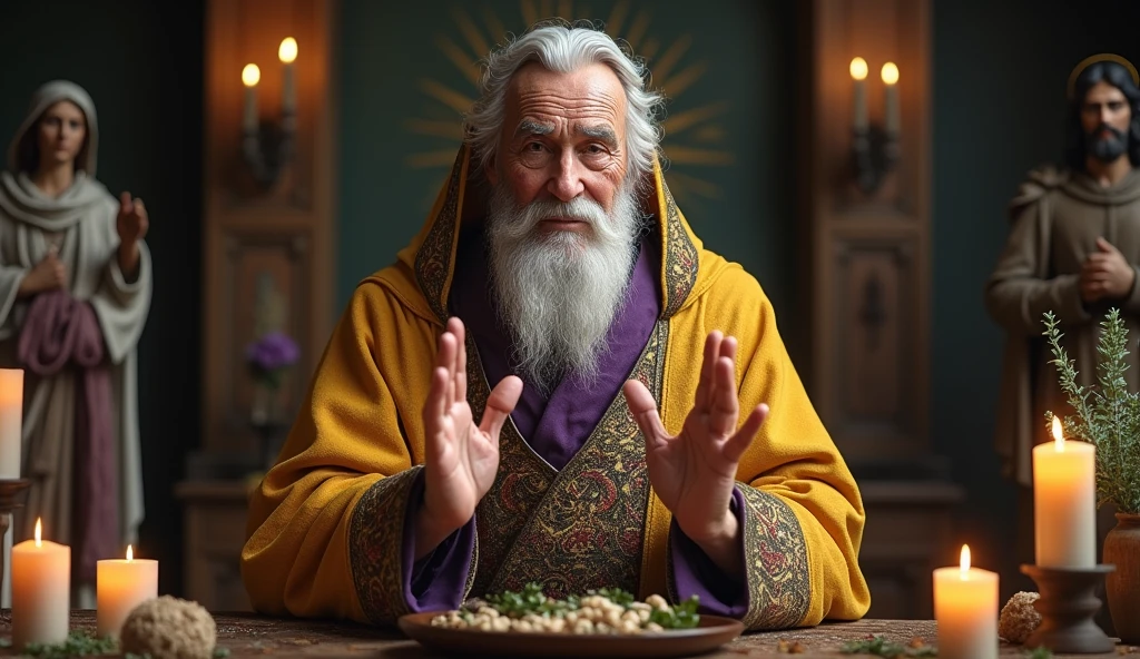 Create an ultra-realistic image of a traditional Germanic male healer, around 70 years old, dressed in refined, elegant clothing. The healer is depicted performing a traditional benzimento ritual, holding a bundle of herbs like rue and basil in his hands. He is wearing a golden and violet robe, symbolizing wisdom and spiritual authority. His expression is serene and deeply focused, with his hands raised in a blessing position, palms facing forward as if performing a sacred energy transfer. Behind him, the scene is enriched with an altar featuring candles, aromatic herbs, and statues of Saint Hildegard, Archangel Michael holding a sword, and Jesus Christ, each symbolizing different aspects of protection, healing, and divine intervention. The atmosphere is charged with energy and blessing, evoking a powerful sense of spiritual presence and healing.