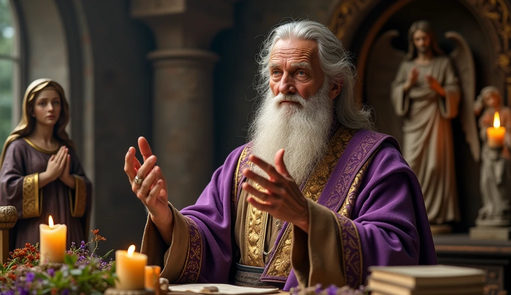 Create an ultra-realistic image of a traditional Germanic male healer, around 70 years old, dressed in refined, elegant clothing. The healer is depicted performing a traditional benzimento ritual, holding a bundle of herbs like rue and basil in his hands. He is wearing a golden and violet robe, symbolizing wisdom and spiritual authority. His expression is serene and deeply focused, with his hands raised in a blessing position, palms facing forward as if performing a sacred energy transfer. Behind him, the scene is enriched with an altar featuring candles, aromatic herbs, and statues of Saint Hildegard, Archangel Michael holding a sword, and Jesus Christ, each symbolizing different aspects of protection, healing, and divine intervention. The atmosphere is charged with energy and blessing, evoking a powerful sense of spiritual presence and healing.