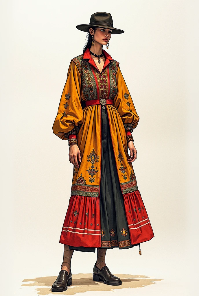 A cultural outfit from Spain similar to some Dior clothes, model in drawing on paper, stylist with colors