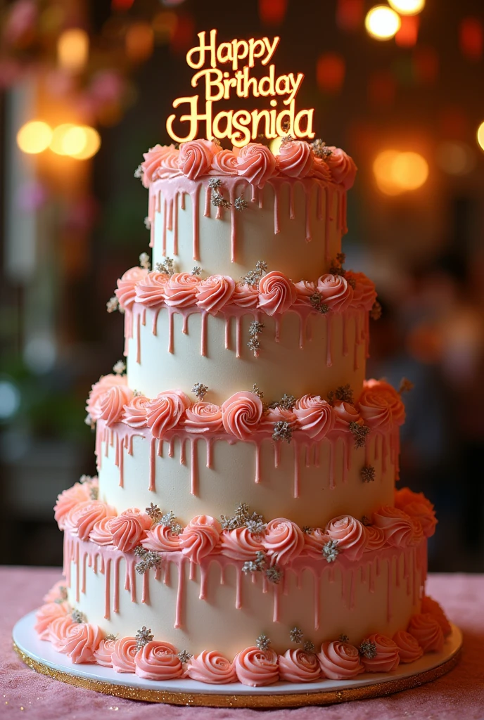 A stunning birthday cake with a caption "Happy Birthday Hasnida"