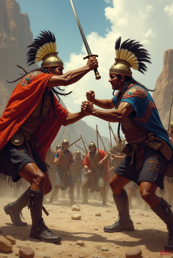 Images where the Anglos brothers, who are the linertadores of Peru and Pumacahua, are fighting with blows and swords, but it seems that they are defeated, but their clothing is that of the Incas, that is, with ponchos and helmets with feathers.