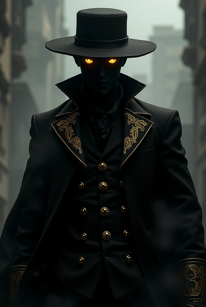 Stand de jjba, he is all black and wears a hat and an overcoat with gold details, his face is all black except his eyes which are golden 