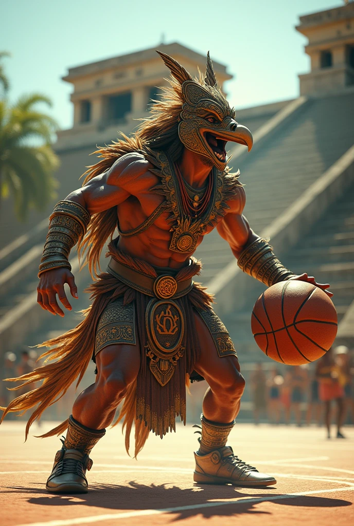 Aztec eagle warrior playing basketball