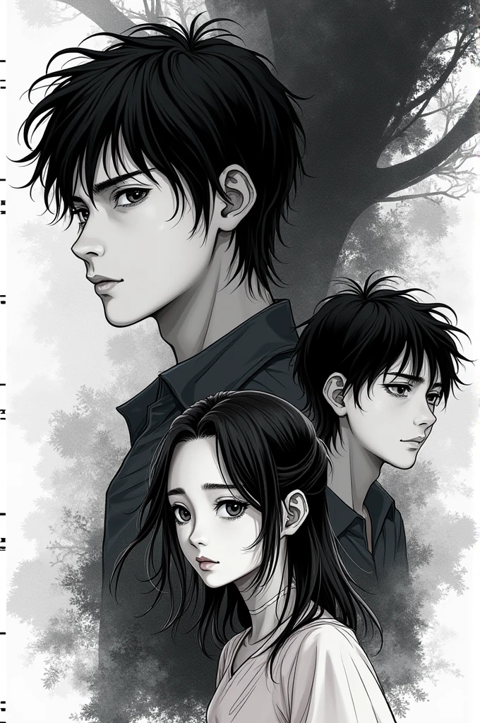 create 3 main characters of a manga one with 16 male years old another with 15 female another with 13 male in black and white