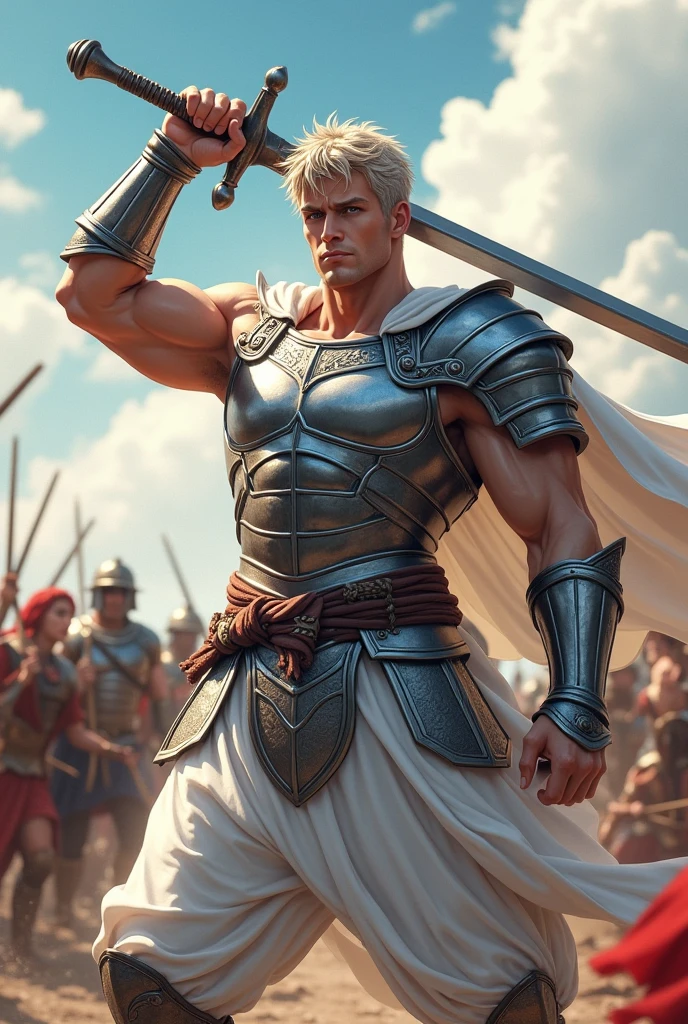 Ancient Greek Swordsman, wearing silver armor, white clothes, in battle pose, holding an epée, best qualityer,4K, maximum detail, ((anime styling)) 