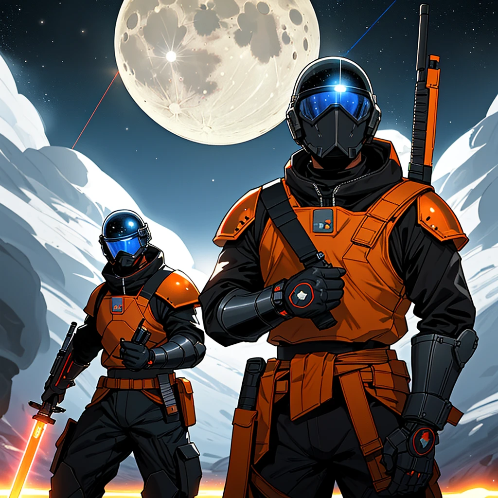 Space soldier, orange visor, full helmet, no face visible, armor, rifle, moon in background, laser sword, night,Masterpiece, Anatomically Correct, fighting, firing weapon, battle in background