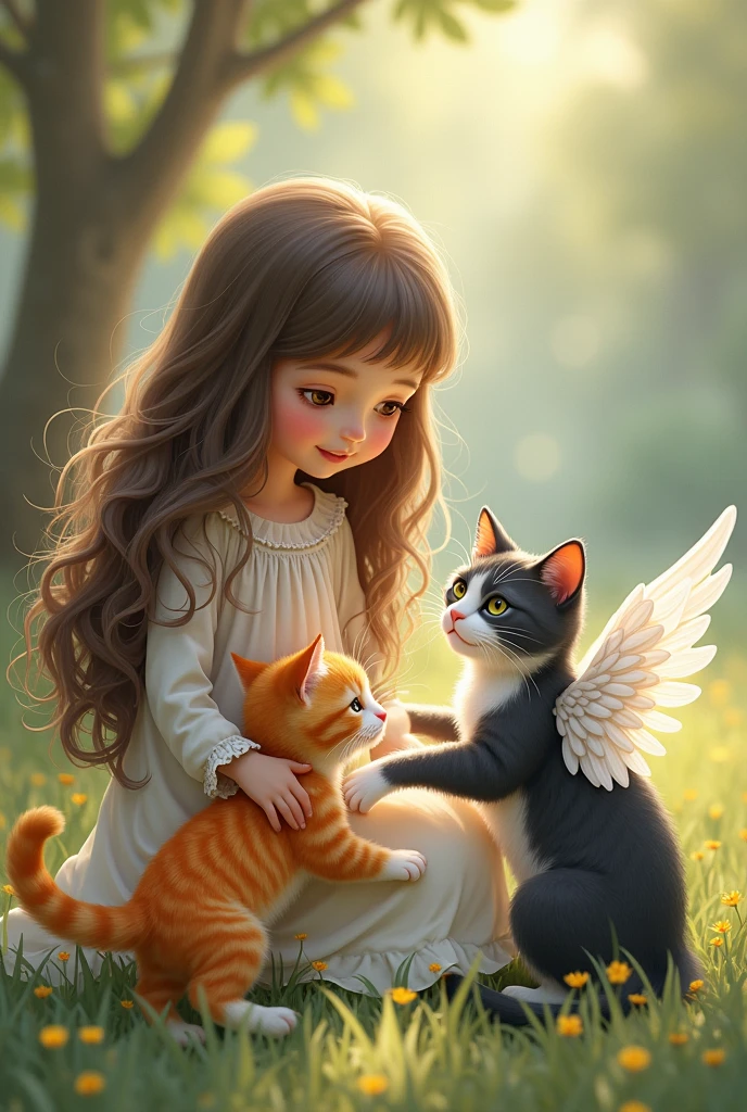 girl with long brown hair with 1 orange tabby kitten and 1 gray grandpa cat, black and white tabby with angel wings