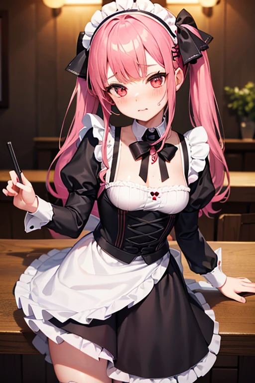 the place is a cafe, 1 girl, sluty face , twin red tails, rosto gentil, half gothic lolita and maid costume with strawberry image, white-based clothes, blush, looking ahead at viewer