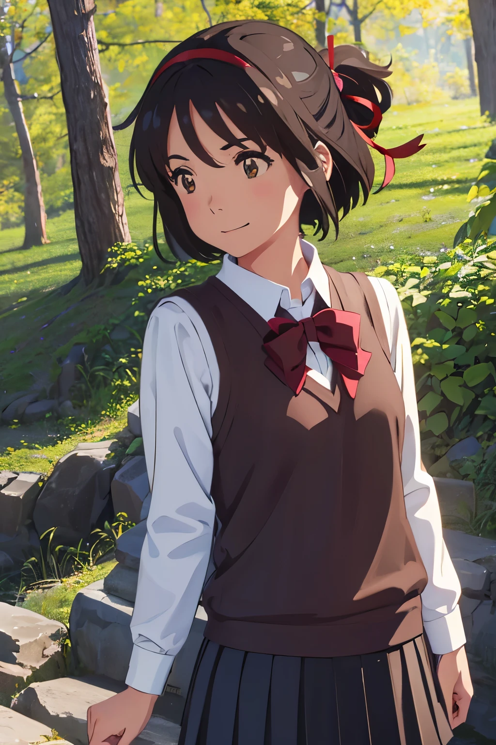 (8k, raw photo, masterpiece, extremely detailed, best quality, professional lighting, high res), (beautiful and adorable girl), mitsuha miyamizu, black hair, (brown eyes:1.5), short hair, hairband, ribbon, school uniform, hair ribbon, red ribbon, sweater vest, blue sweater vest, shirt, white shirt, collared shirt, long sleeves, skirt, black skirt, pleated skirt, energetic girl, BREAK smile, eyecontact