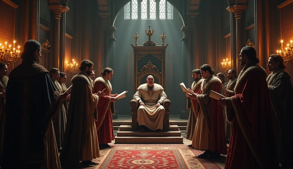 A dramatic and cinematic illustration depicting Edward III's envoys presenting their demands in the French court. The scene is set in a grand, shadowy hall with high, vaulted ceilings and ornate medieval architecture. Felipe VI sits on his elaborate throne, his expression one of visible irritation and tension, draped in regal, richly embroidered robes. His crown is slightly askew, symbolizing his displeasure. The envoys, in detailed period attire, stand before him with formal yet defiant postures, holding scrolls and documents. The atmosphere is heavy with a sense of impending conflict, accentuated by flickering torchlight and dark, moody colors. Intricate textures and dramatic lighting, characteristic of Edmund Blair Leighton's style, enhance the intensity of the diplomatic confrontation, underscoring the gravity of the demands and the volatile state of relations., Surrealism, Hyperrealism, UHD, retina, masterpiece, accurate, anatomically correct, textured skin, super detail, 16k