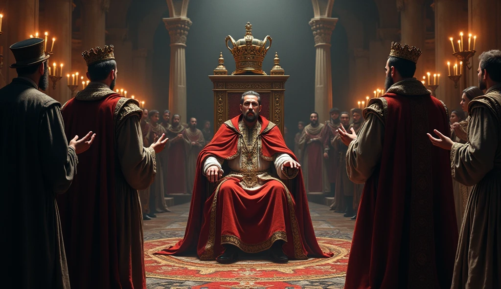 A dramatic and cinematic illustration depicting Edward III's envoys presenting their demands in the French court. The scene is set in a grand, shadowy hall with high, vaulted ceilings and ornate medieval architecture. Felipe VI sits on his elaborate throne, his expression one of visible irritation and tension, draped in regal, richly embroidered robes. His crown is slightly askew, symbolizing his displeasure. The envoys, in detailed period attire, stand before him with formal yet defiant postures, holding scrolls and documents. The atmosphere is heavy with a sense of impending conflict, accentuated by flickering torchlight and dark, moody colors. Intricate textures and dramatic lighting, characteristic of Edmund Blair Leighton's style, enhance the intensity of the diplomatic confrontation, underscoring the gravity of the demands and the volatile state of relations., Surrealism, Hyperrealism, UHD, retina, masterpiece, accurate, anatomically correct, textured skin, super detail, 16k