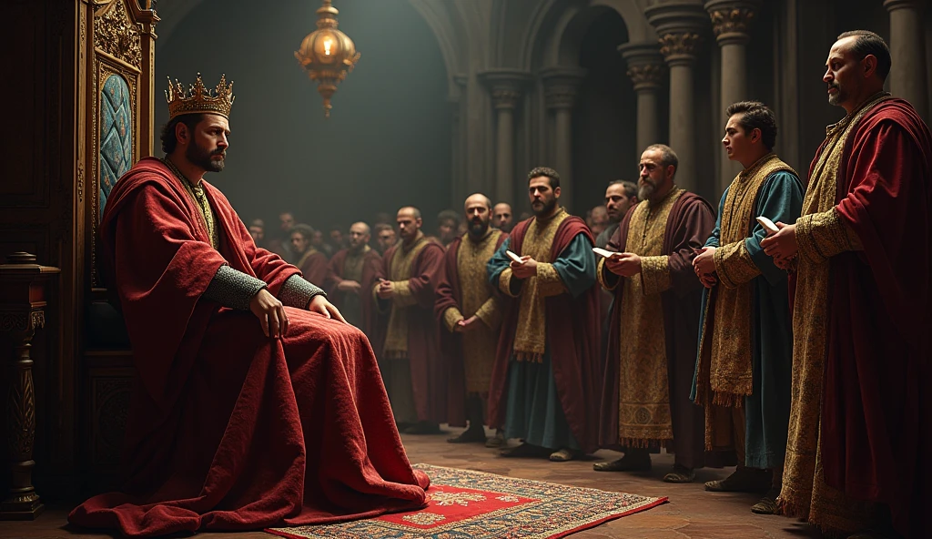 A dramatic and cinematic illustration depicting Edward III's envoys presenting their demands in the French court. The scene is set in a grand, shadowy hall with high, vaulted ceilings and ornate medieval architecture. Felipe VI sits on his elaborate throne, his expression one of visible irritation and tension, draped in regal, richly embroidered robes. His crown is slightly askew, symbolizing his displeasure. The envoys, in detailed period attire, stand before him with formal yet defiant postures, holding scrolls and documents. The atmosphere is heavy with a sense of impending conflict, accentuated by flickering torchlight and dark, moody colors. Intricate textures and dramatic lighting, characteristic of Edmund Blair Leighton's style, enhance the intensity of the diplomatic confrontation, underscoring the gravity of the demands and the volatile state of relations., Surrealism, Hyperrealism, UHD, retina, masterpiece, accurate, anatomically correct, textured skin, super detail, 16k