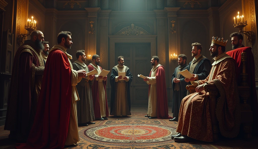 A dramatic and cinematic illustration depicting Edward III's envoys presenting their demands in the French court. The scene is set in a grand, shadowy hall with high, vaulted ceilings and ornate medieval architecture. Felipe VI sits on his elaborate throne, his expression one of visible irritation and tension, draped in regal, richly embroidered robes. His crown is slightly askew, symbolizing his displeasure. The envoys, in detailed period attire, stand before him with formal yet defiant postures, holding scrolls and documents. The atmosphere is heavy with a sense of impending conflict, accentuated by flickering torchlight and dark, moody colors. Intricate textures and dramatic lighting, characteristic of Edmund Blair Leighton's style, enhance the intensity of the diplomatic confrontation, underscoring the gravity of the demands and the volatile state of relations., Surrealism, Hyperrealism, UHD, retina, masterpiece, accurate, anatomically correct, textured skin, super detail, 16k