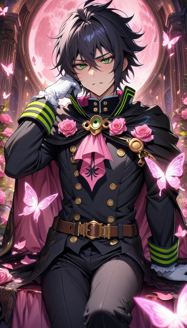 absurdres, highres, ultra detailed, HDR, masterpiece, extremely detailed, detailed eyes, detailed face, Hyakuya Yuuichirou, black hair, expressive green eyes, Owari No Seraph, solo, sexy man, adult face, mature man, sitting, handsome, sensual, black clothes, black cape, white gloves, long sleeves, brown belt, black pants, pink roses, pink petals, fantasy, magical, pink moon, pink glittering butterflies, pink round lights