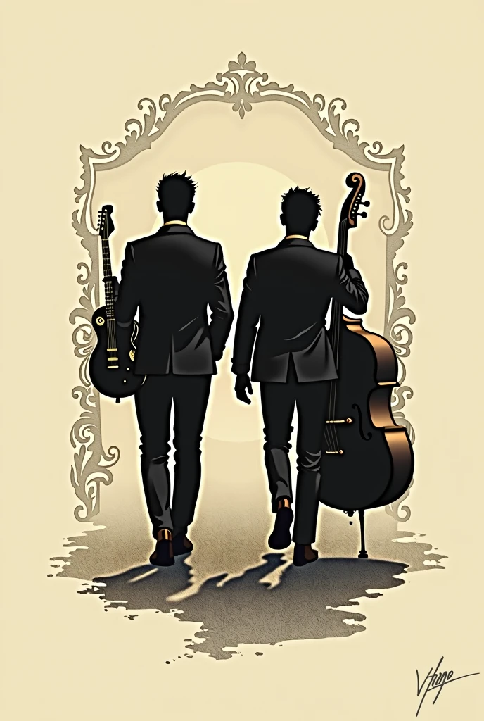 "Create a logo for a musical group that features the silhouettes of two young men walking forward from the background. One holds a guitar, and the other carries a bass. The design should combine classic, elegant elements with a contemporary twist, reminiscent of a vintage era but with modern sensibilities. The silhouettes should be stylish and refined, capturing the essence of timeless music. Incorporate subtle details that evoke the nostalgia of classic album covers, using a color palette like black, ivory, and muted gold to enhance the sense of elegance and history."