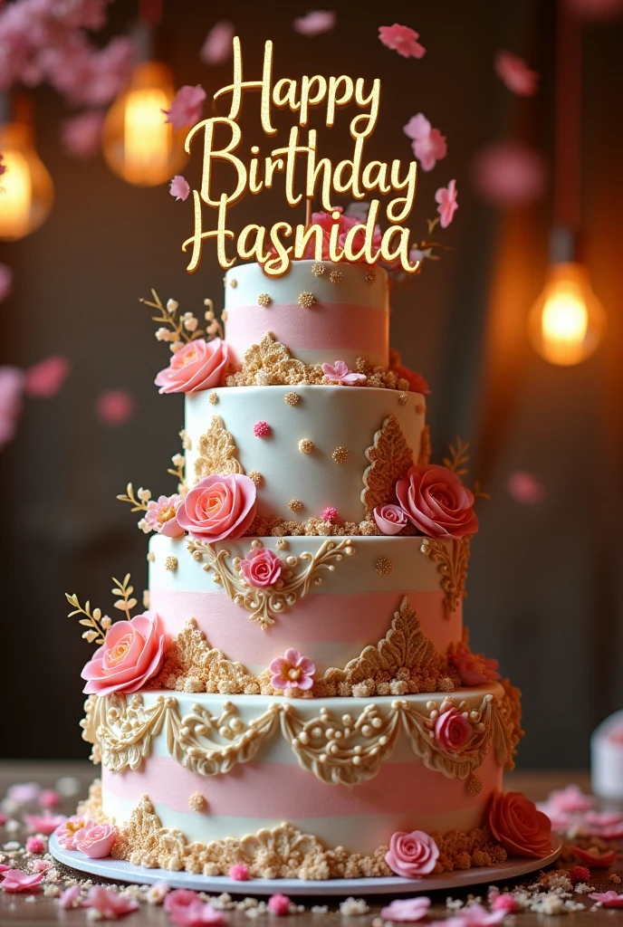 A stunning birthday cake with a caption "Happy Birthday Hasnida"