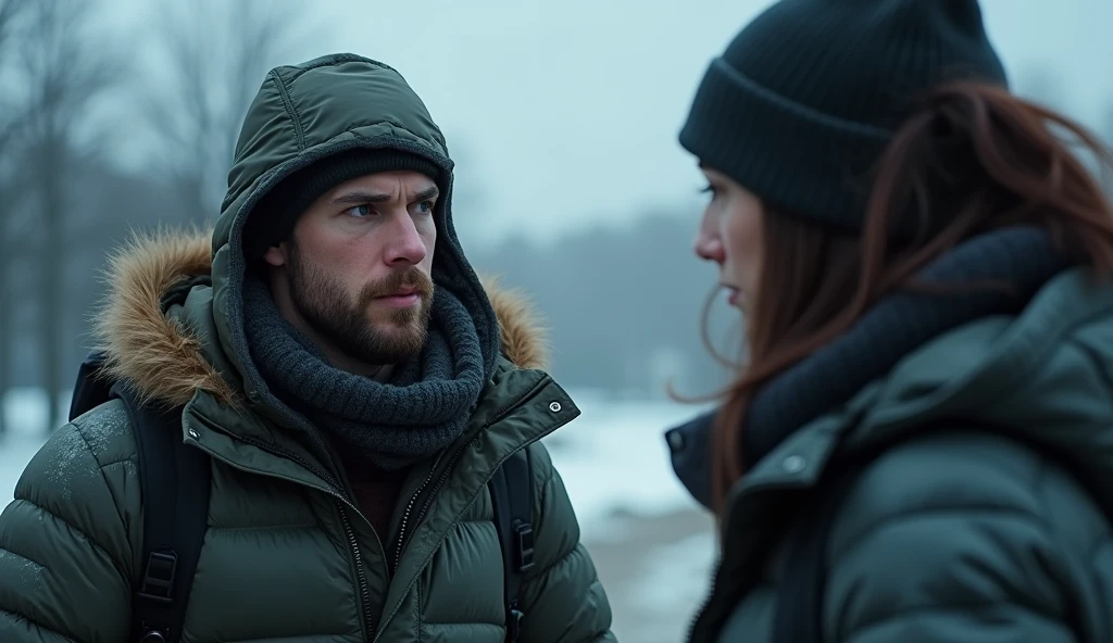 A person wrapping himself in a jacket while talking to another person
