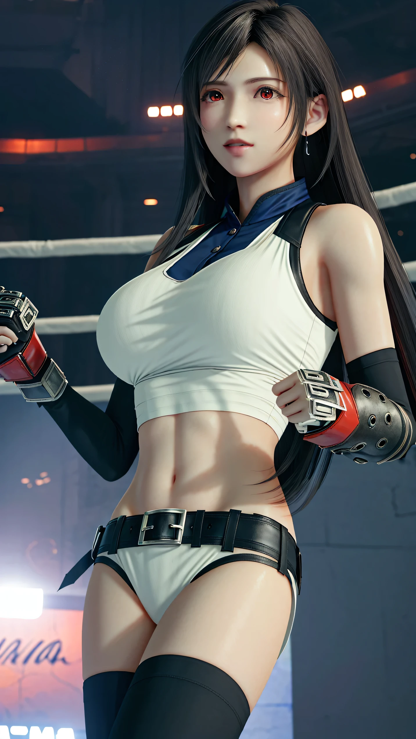 8k,masterpiece, Highest quality,big breast, (1 person:1.5), Tifa Lockhart, red_eye, Black Hair, Long Hair, Professional Lighting, (Glowing Skin: 1.2), shiny sweat, ((Highest quality)), Sharp focus: 1.2, Highly detailed face and skin texture, detailed eye, Perfect Face, Perfect body, CG, Huge Breasts, before (Age 25, Mature, cool and beautiful face), (on MMA Arena :1.5), (wearing MMA uniform:1.5, white tops and black bottoms:1.3), thigh, belly button,Fighter,glaring,(Look At View:1.2),From below,Full body, Dynamic Angle,