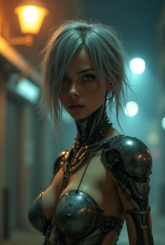 ((film grain, bokeh, light particles ,dust motes, extreme camera angle.)), dynamic pose, full body photo of a young attractive broken cyborg female, eyebrow up, night, streetlamp, gray strand of hair
