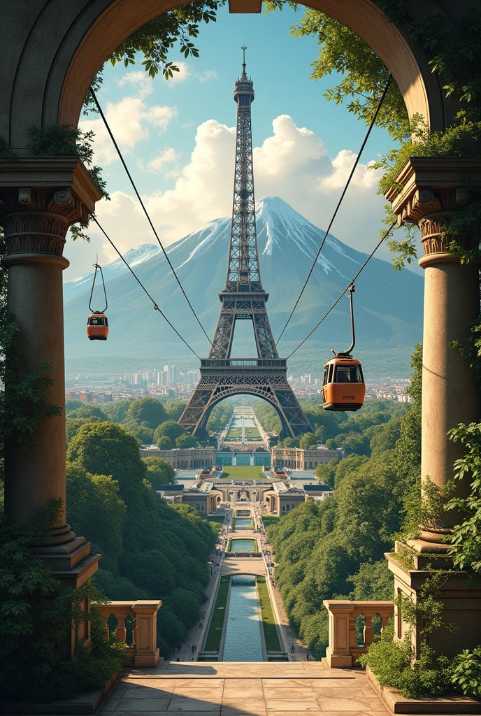 a renaissance wallpaper fusion of the main elements of paris bariloche and rj without people with surreal atmospheres remove the pillars and put cable cars