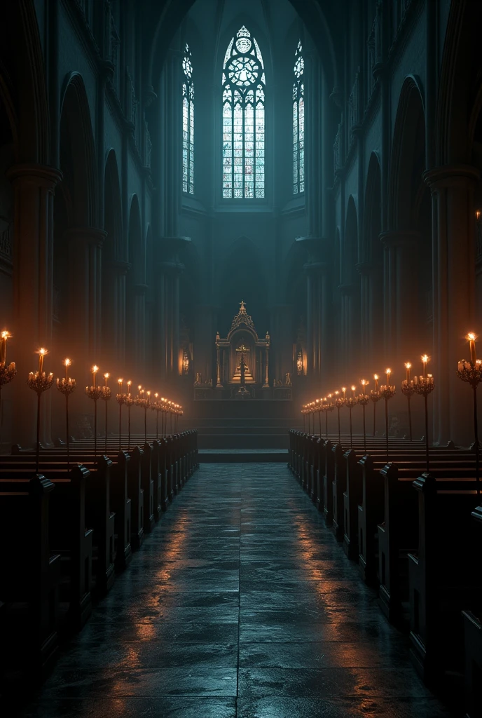 (Shot of a dark church with flickering candles, shadows projected on the walls. The camera slowly approaches the altar.)