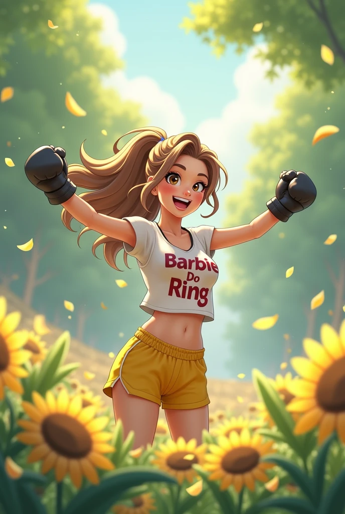 Creates a beautiful woman, long light brown hair with some blonde highlights, slightly wavy tied with a high ponytail, small almond-shaped brown eyes, thin and elongated face, pointed chin, slightly plump and pink lips, wears black boxing gloves, is wearing a t-shirt saying "BARBIE DO RING", he is also wearing gym pants, his arms and hands are raised because he won the fight, his face is excited and happy, animation character,