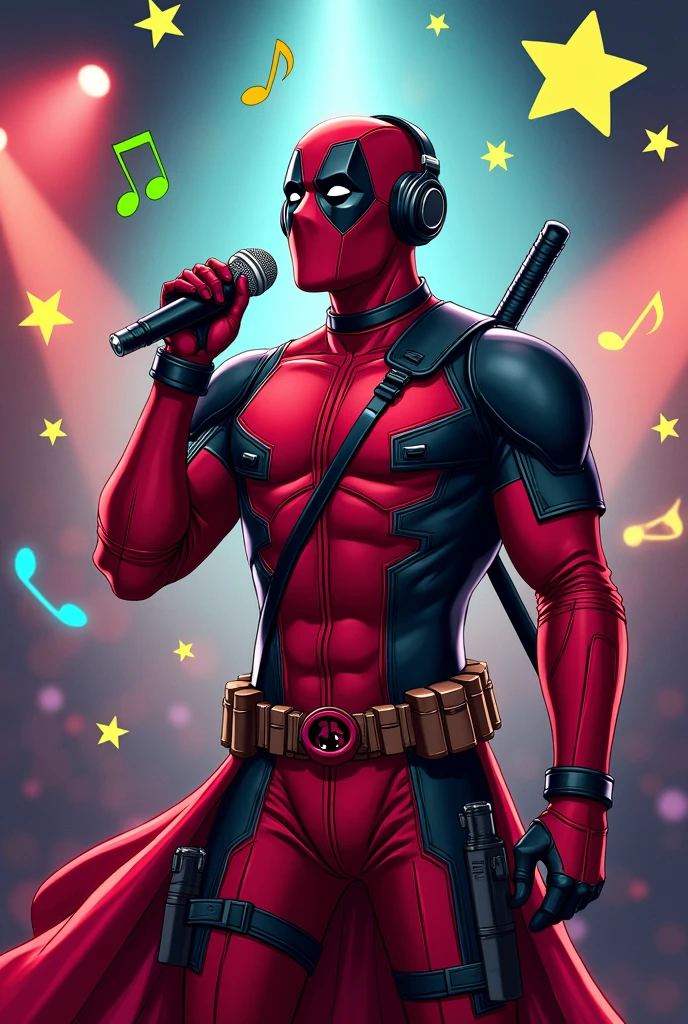 Deadpool with the symbol of green Trevor, yellow star and music symbol color blue, singing karaoke with headphones. Human body, red dress By: Sam Oca