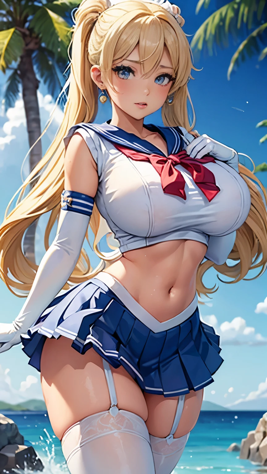 Close up, 1 girl, sailor, Tsukino Usagi, (sailor chiseki uniform:1.2),wet, See-Through top, (aqua eyes:0.9), blonde hair, twintail hair, wedge skirt, best quality, earrings, masterpiece, high resolution, intricate details, (realistic)), photography, (white elbow gloves:1.1), (white stocking:1.1), (huge breasts), (hourglass figure), (exposed navel), full body, dynamic background, dynamic pose, white