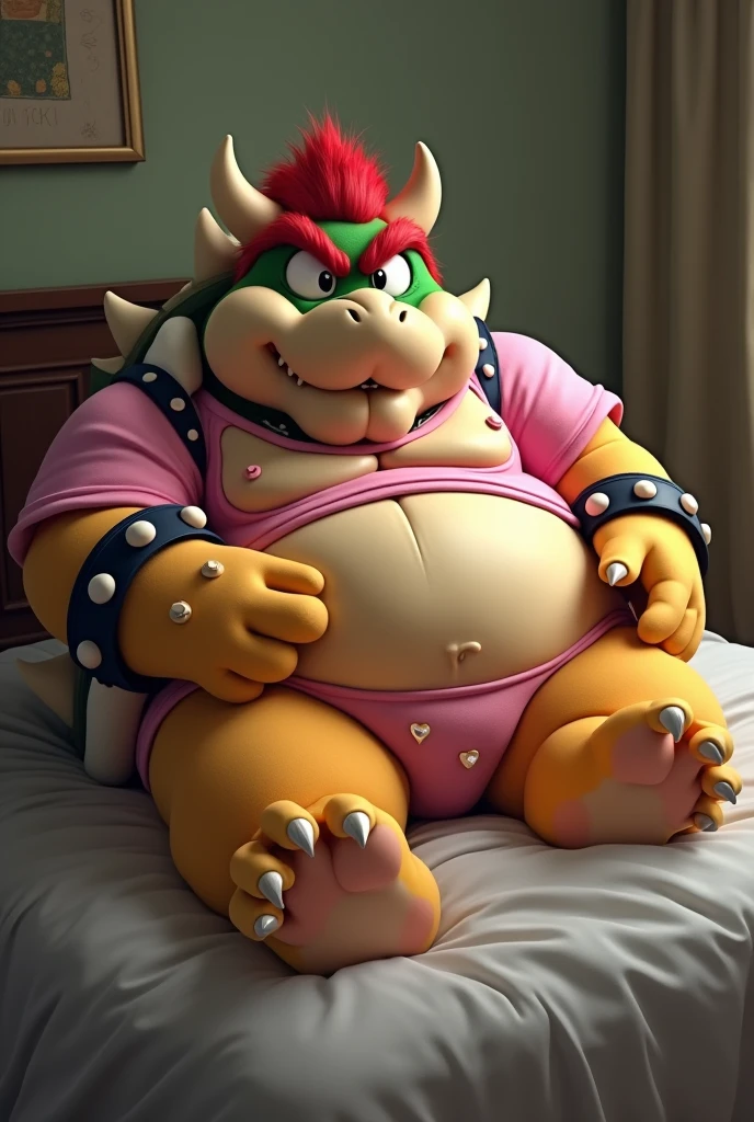 Bowser from Super Mario, Extremely obese, chubby, embarrassed, huge round belly, big moobs, heart underpants, pink tight short sleeves t-shirt, laying on a bed, one hand on the belly