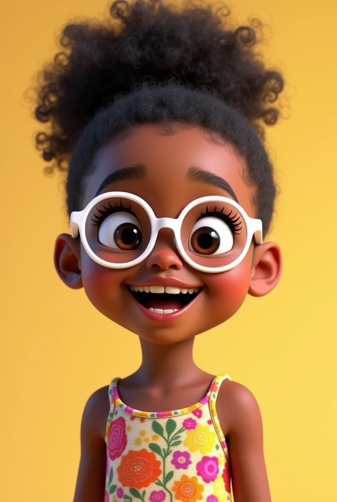  cute, 5 , dark skin, curly black hair tied up, wearing white glasses with colorful dress, glad, pixar 3d illustration