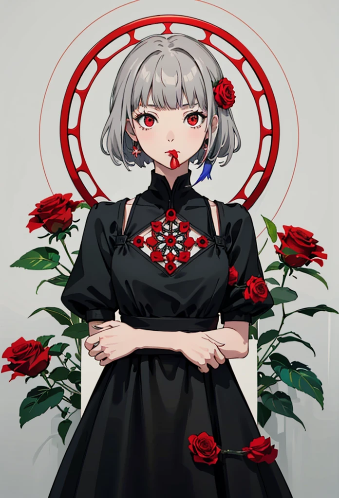 (Highest quality, masterpiece), (One girl, alone, Black Dress, Are standing , View your viewers, Gray Hair, Red eyes, Holding roses, Mouth closed, Upper Body), (Red dream catcher behind, Red flower, )