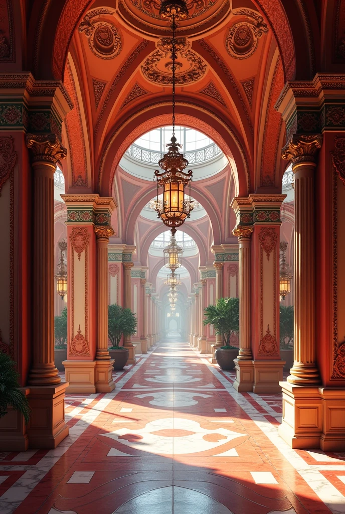 Interior of a Romanesque style hotel lobby, with rounded arches, use of bold colors and ornate pillars