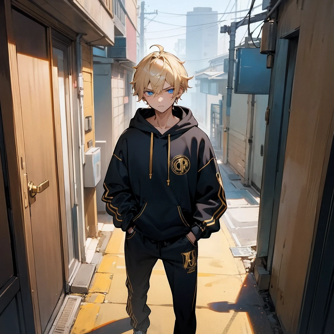 1male, teen, finely detailed blue eyes, messy short blonde hair, Black Hoodie with gold logo on front, black jogging pant, walking down alley, posing with hand in pocket, serious face Nightime Teenager