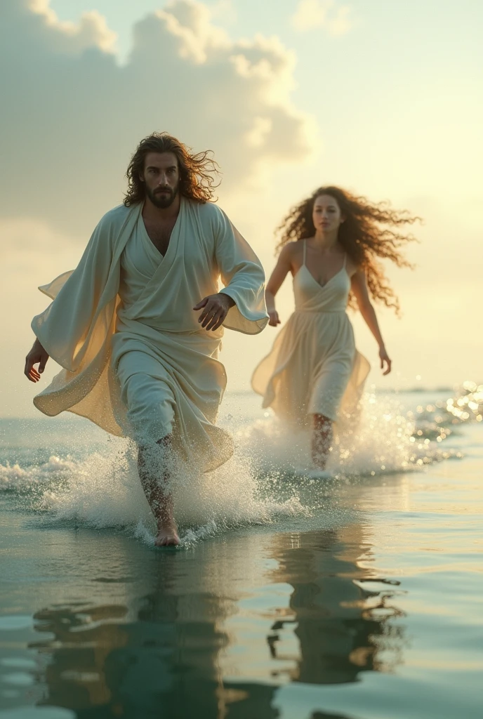 Jesus playing a race on the water with a curly-haired woman
