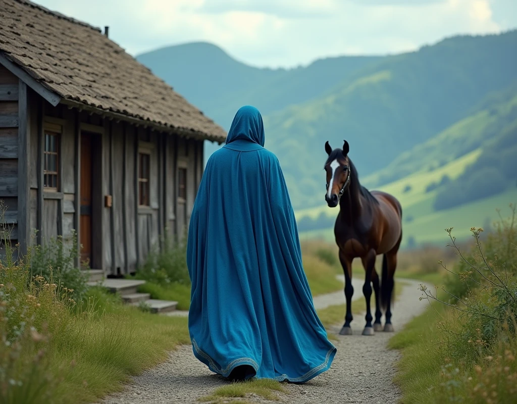 (photorealism:1.2), medieval man with mystic blue clothes approaching a horse next to rural house 