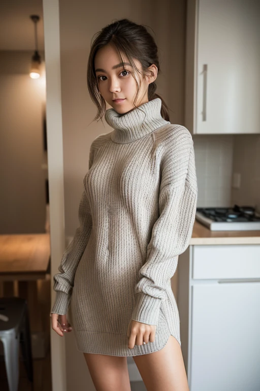 (Stunningly beautiful woman), college age girl, break, (Looking at me and standing with legs apart), (Shy laugh), (Late at night in front of the kitchen of an apartment:1.2). Messy brown short hair ponytail, Brown eyes , (Small breasts:1.6),break, (full-body:1.5), break, (One hand is placed on the hip, the other is raised in a fist.:1.1), break, (8k, RAW photo, best quality, masterpiece:1.2), (realistic, photo-realistic:1.4), ultra-detailed, perfect anatomy, perfect limbs, perfect hand, Shallow depth of field, depth of field, blurry background, blurry, Photorealistic, Lifelike, Picture-Perfect, Hyperrealistic, covering, break, (Tight sweater dress:1.2), (light gray sweater), ribbed sweater, turtleneck sweater, Naked under the sweater, break, Photorealistic portrait of a person with natural skin textures, soft lighting, and realistic facial expressions.  subtle wrinkles,