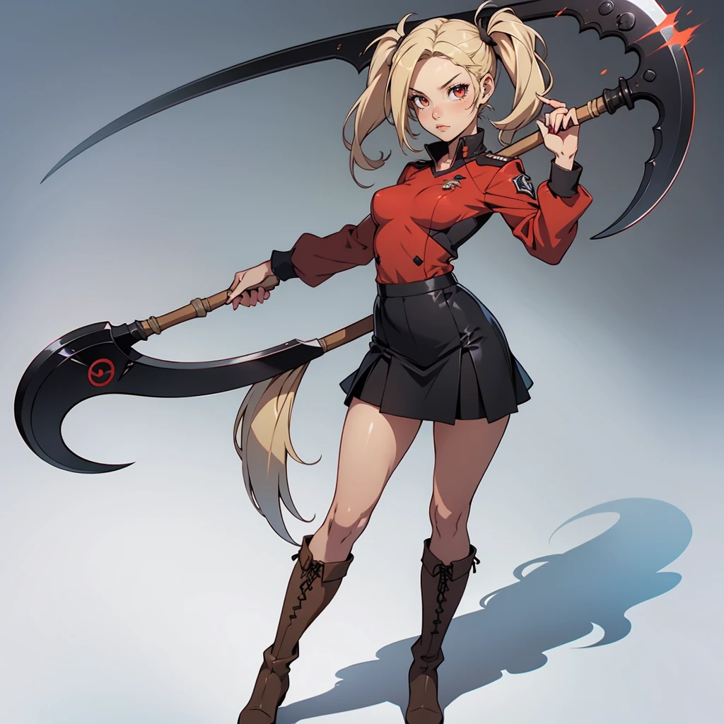Very detailed, neutral facial expression, small breasts, full body view, blonde hair with twintails, red eyes, looking at viewer, black uniform, skirt, black boots, holding scythe, combat pose.
