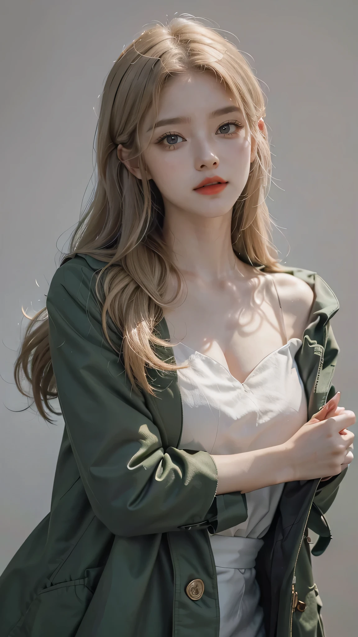 Girl wearing, luxury green coat, shoulder length hair, wavy hair, glowing skin, star in eye, red lips, grey background, cute poses, upper body, light blonde hair, fully covered clothing.
