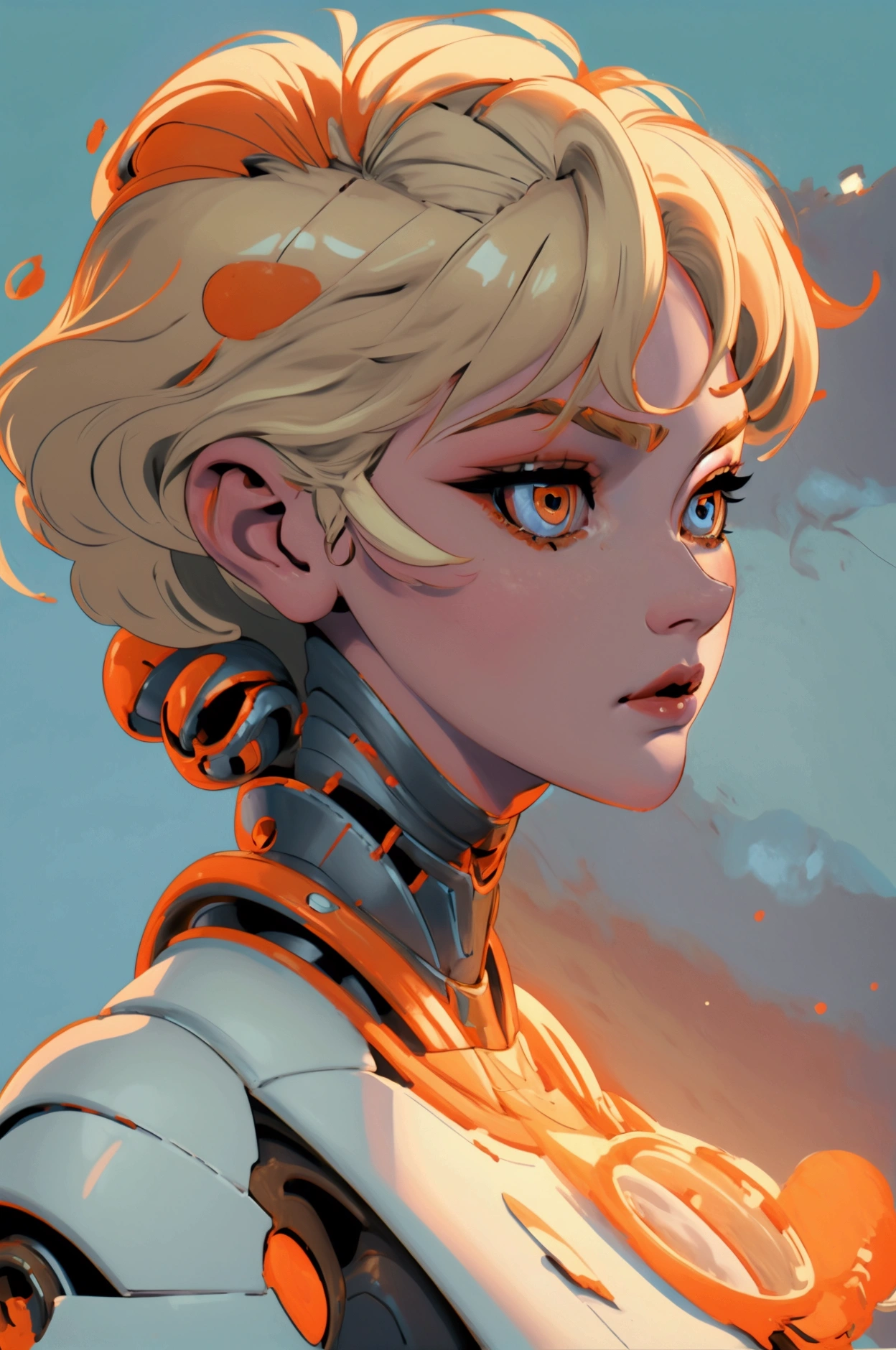 Beautiful robot woman, short blonde hair, pale white skin, orange eyes, large breasts, closeup of bust, neutral expression, space background, 