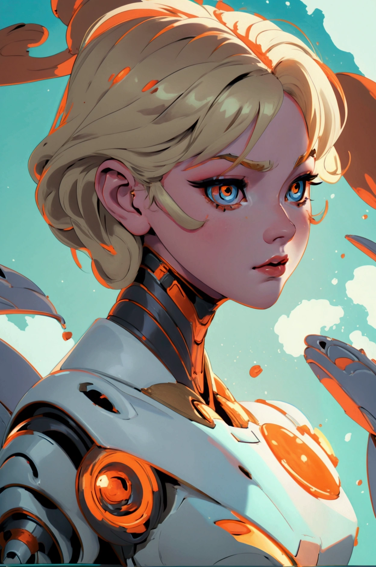 Beautiful robot woman, short blonde hair, pale white skin, orange eyes, large breasts, closeup of bust, neutral expression, space background, 