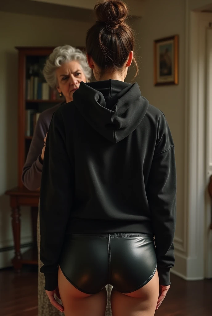 black woman hair in a bun black hoodie black leather short shorts being fucked in the ass by a old grandma in a dress